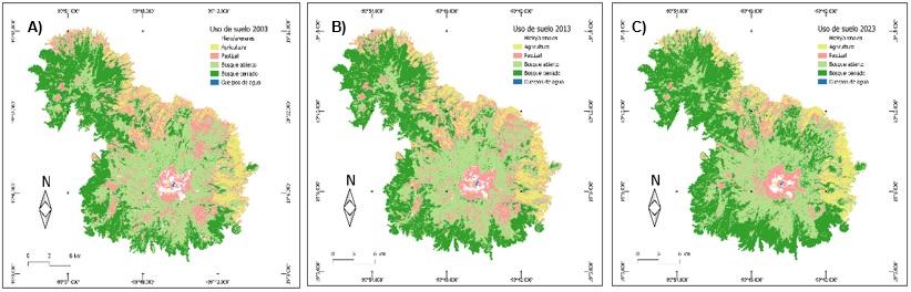 Mapas de uso de suelo y vegetaci�n en el APFF Nevado de Toluca: A)2003, B)2013 y C)2023