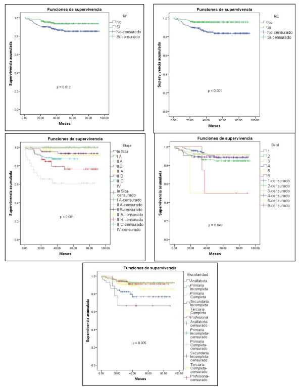 Curvas de supervivencia de mujeres de acuerdo al estado de RP y de RE, escolaridad, decil socioecon�mico y la etapa del c�ncer.