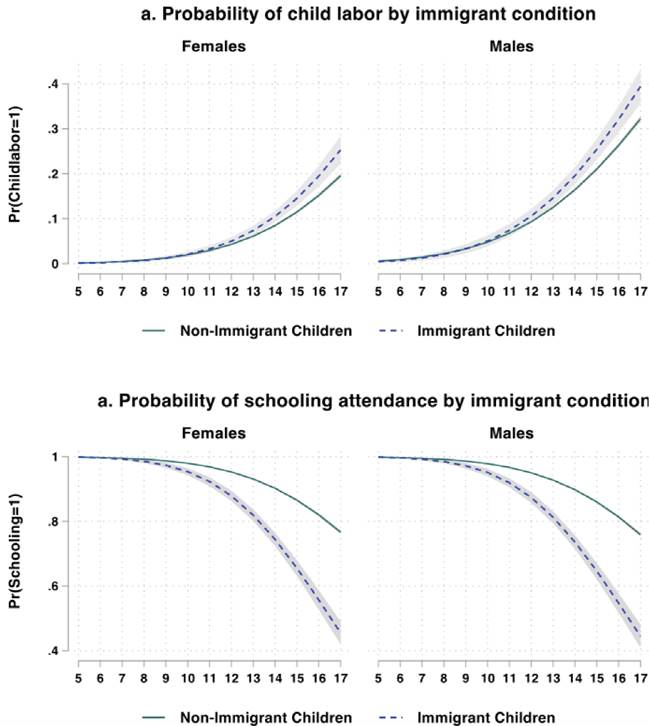 Gender differences in the predicted probabilities of child labour and schooling attendance by immigrant condition