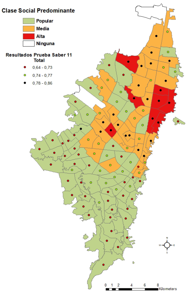 Resultados de la prueba Saber 11 de acuerdo con las clases sociales predominantes, Bogot, 2021