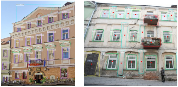 The results of image processing: highlighted are different classes of objects identi- fied by AI engine on photos taken at different angles towards the facade of a building