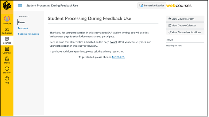 Canvas Home Page for Study