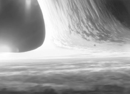 Um close em Garg&acirc;ntua, a parte negra corresponde ao buraco e em volta &eacute; poss&iacute;vel ver o &ldquo;anel de f&oacute;tons&rdquo; em volta do buraco negro, ou a &ldquo;concha de fogo&rdquo;