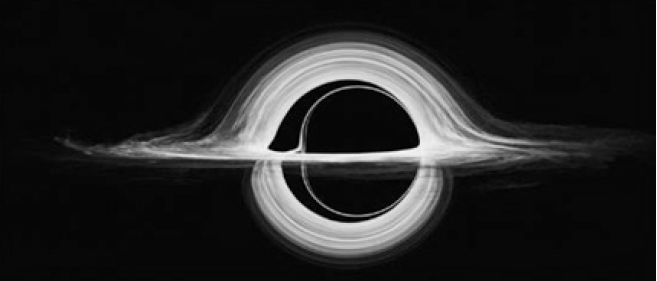 Resultado de uma simula&ccedil;&atilde;o de Garg&acirc;ntua, incluindo o disco de mat&eacute;ria e a lente gravitacional
			