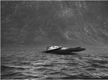 A nave Ranger pr&oacute;xima de uma onda gigantesca no planeta Miller
			