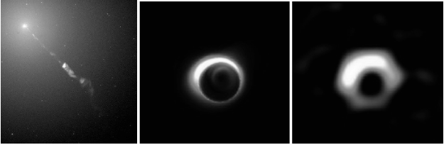 Gal&aacute;xia Messier 87 (M87) e simula&ccedil;&atilde;o do buraco negro em seu centro) e a imagem divulgada pela imprensa como sendo a fotografia do objeto cosmol&oacute;gico