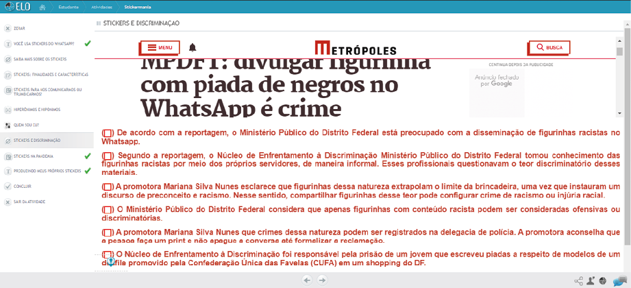 Figura 5: Módulo cloze no ELO, 2020.