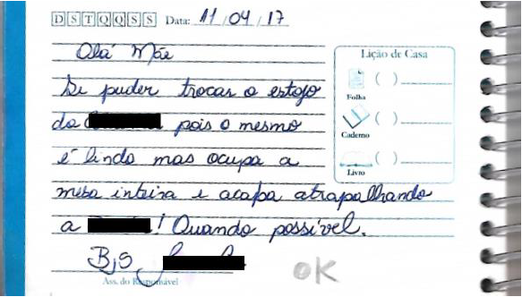 Figura 2 &ndash; Recado da professora para a m�e na agenda de Helena. O primeiro de muitos que a m�e recebeu de diferentes professoras, pedagogas e gestoras escolares.
