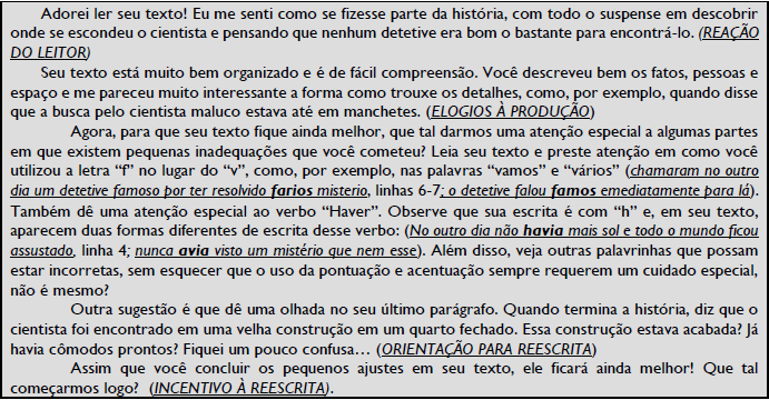 Quadro 5 &ndash; Exemplifica��o da estrat�gia de corre��o bilhete orientador