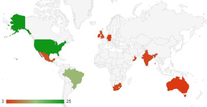 Gr�fico 1 &ndash; Pa�ses sede de las instituciones afiliadas a los autores.