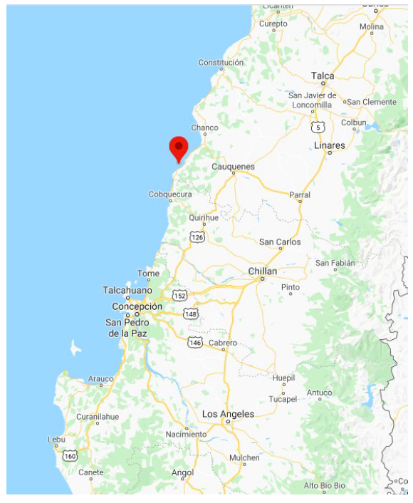 Mapa del &aacute;rea afectada por el terremoto de 2010. Marca en rojo el lugar del epicentro del sismo (35&deg;54'32'' S 72&deg;43'59'' O)
