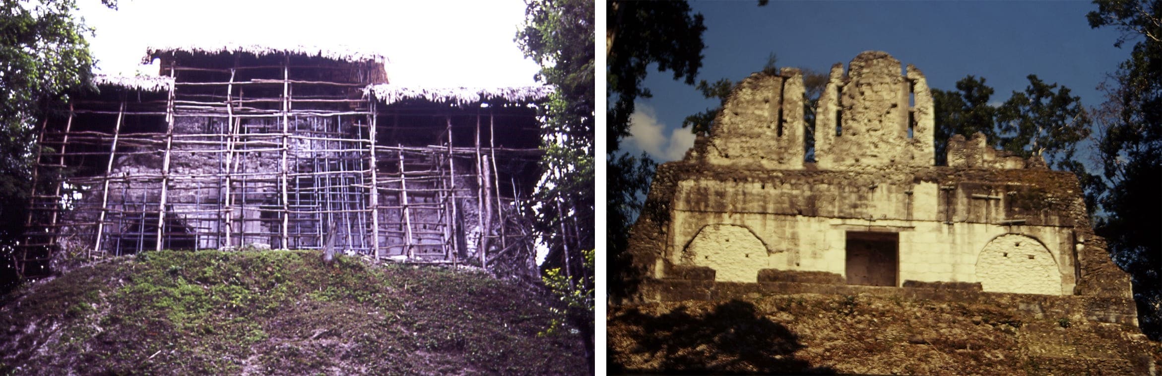 Edificio A de Nakum: (izq.) Fachada oeste, donde se muestran los apuntalamientos y una cubierta protectora temporal previa a los trabajos de restauraci�n. Ra�l Noriega Gir�n, 1990. (der.) Estado actual del edificio.