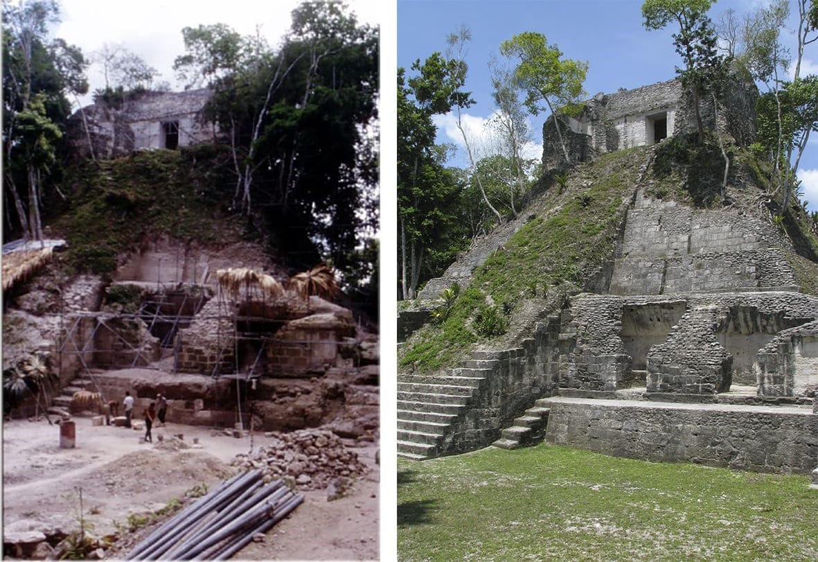Edificio E de Nakum en dos etapas de intervenci�n