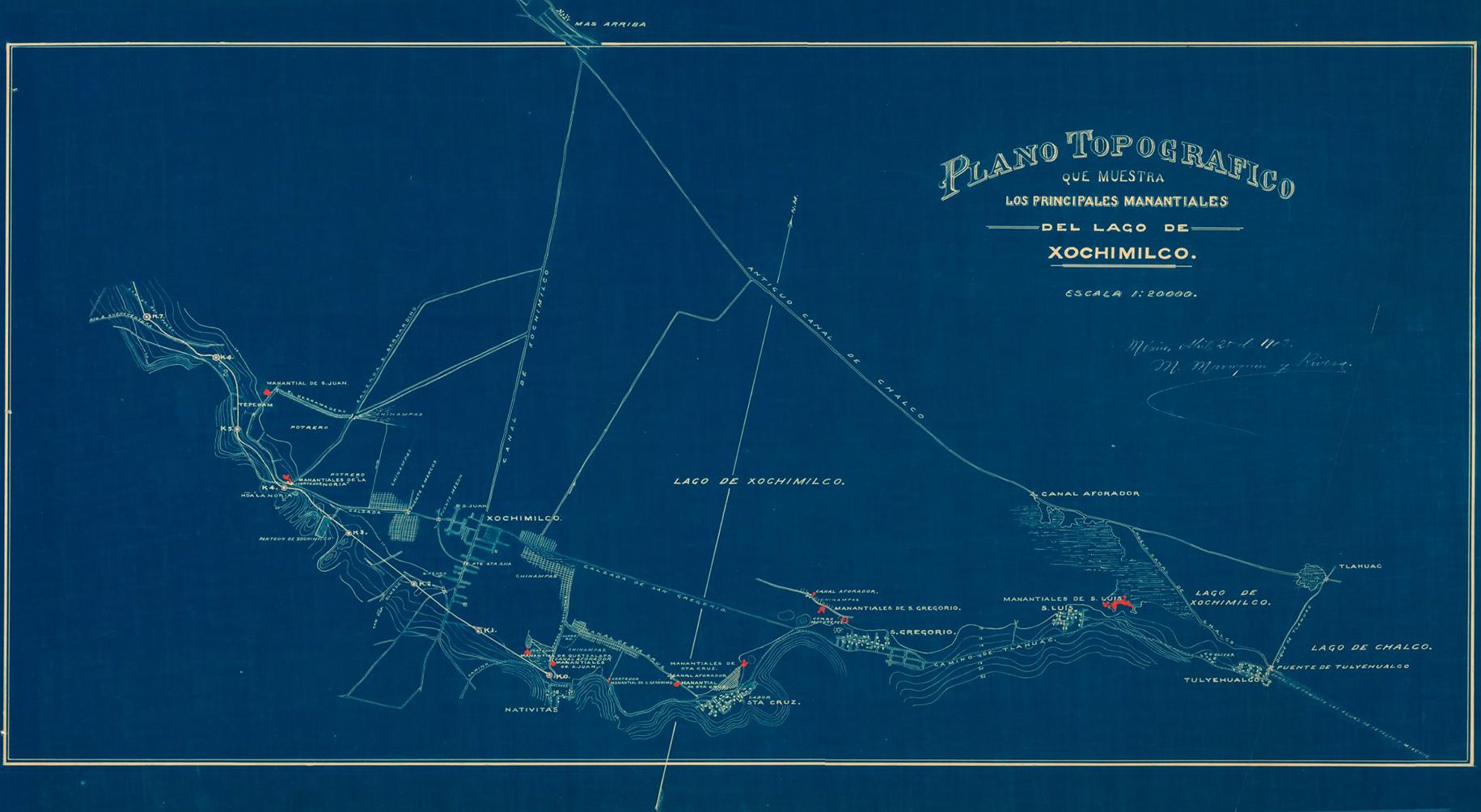 Plano topogrfico que muestra los principales manantiales del lago de Xochimilco, 1902