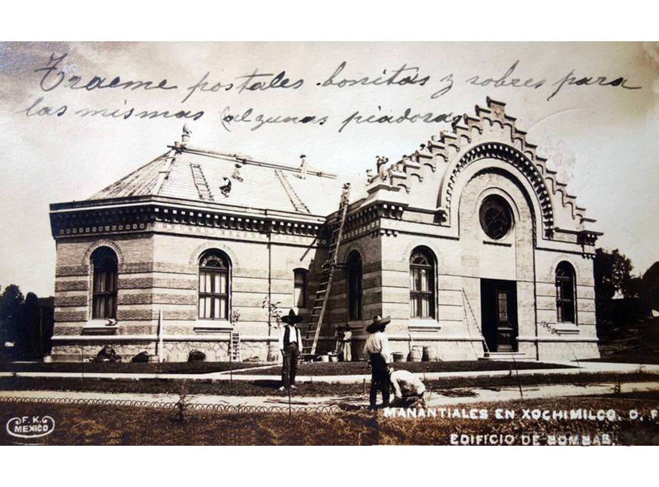 Manantiales en Xochimilco. D.F. Edificio de bombas. ca. 1907.