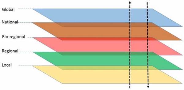 Diagramas esquemáticos que ilustran el concepto de la sostenibilidad escalar