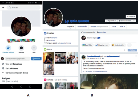 Perfil de Facebook de Miguel, A (versi&oacute;n de la aplicaci&oacute;n) y B (versi&oacute;n web).