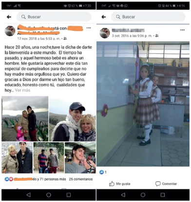 Publicaciones de Mireya en FB, im&aacute;genes asociadas a sus hijos.