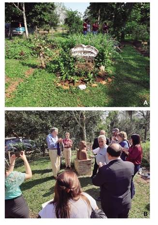 Fotografías de la Casa Bonpland en Santa María de Fe, Paraguay. A: Jardín de plantas medicinales Aimé Bonpland. B: Inauguración del busto de Aimé Bonpland (fotografías proporcionadas por Rosa Degen de Arrúa).