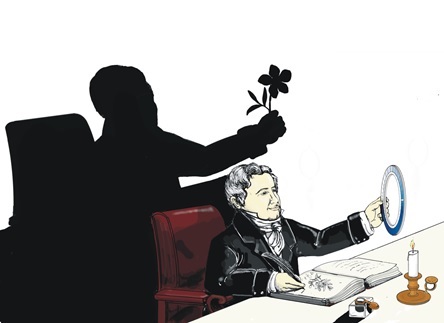 El espíritu romántico de la ciencia ilustre de Humboldt se retrata en esta imagen. Mientras observa el valor del azul del cielo en el cianómetro, la expresión de sus sentimientos al rememorar la naturaleza se proyecta en su sombra como una flor, símbolo de la belleza. Paradójicamente, la dualidad de la precisión-expresión de Humboldt se resume en el cianómetro, instrumento de medición ya no utilizado en la actualidad por ser su medición del azul del cielo subjetiva a la mirada del observador.