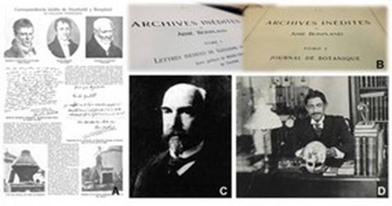 A: Primera página del artículo publicado por Holmberg (1905) en Caras y Caretas. B: Primeras dos publicaciones del Archivo Bonpland. C: Eugenio Autran (1855-1912). D: Juan Aníbal Domínguez (1876-1946)