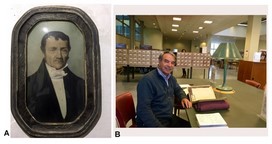 A: Aimé Bonpland (1773-1858), Cuadro, Estancia El Recreo, Santa Ana del Uruguay, actual localidad de Bonpland, Departamento de Paso de los Libres, Corrientes, Argentina. B: David Nelson Federico Guevara en la Biblioteca Central del Museo Nacional de Historia Natural, París, Francia, 2018. 