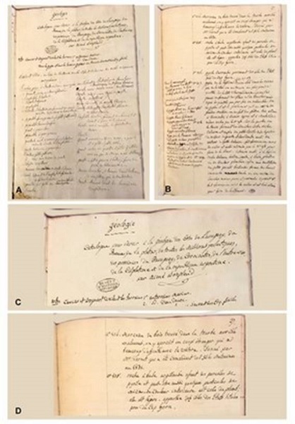 Catálogo Geológico, Bonpland, 1858. MS 210, Biblioteca Central del Museo Nacional de Historia Natural, París, 2018. A: Geología, primera página, completa, sin número. Lista de rocas. B: Página 27, completa, Nº 104 Islas Malvinas, Nº 105 Isla de los Estados, Nº 106 Isla de los Estados, Nº 107, Nº 108, importante nota marginal. C: Título, Geología, descripción catálogo geológico, firma Bonpland. D: Página 27, Nº 104 Islas Malvinas, Vernet, 1831, Nº 105 Isla de los Estados. Tierra del Fuego, Argentina.