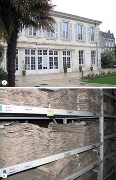 Herbarium of Michel Simon Goujaud Bonpland. A: Natural History Museum of La Rochelle. B: General view of the herbarium stored at the basement of the Museum. 
