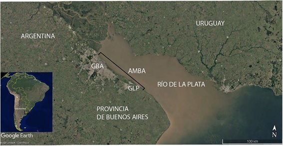 &Aacute;rea de estudio. AMBA: &Aacute;rea Metropolitana de Buenos Aires; GBA: Gran Buenos Aires; GLP: Gran La Plata (Google Earth)