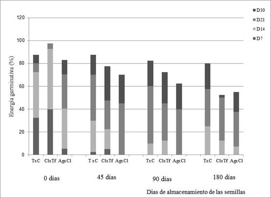 Energ&iacute;a germinativa de tres h&iacute;bridos de c&iacute;tricos: Cl&times;Tf: mandarino &lsquo;Cleopatra&rsquo; &times; trifolio, T&times;C: &lsquo;Citrange Troyer&rsquo; &times; mandarino com&uacute;n y Ag&times;Cl: naranjo agrio &times; mandarino &lsquo;Cleopatra&rsquo;, almacenados durante 45, 90 y 180 d&iacute;as (mediciones acumulativas a los 7, 14, 21 y 30 d&iacute;as de sembrados en cada momento de almacenamiento). Fig. 2.Germinative energy of three citrus rootstocks hybrids: Cl&times;Tf: mandarin &lsquo;Cleopatra&rsquo; &times; trifolio, T&times;C: &lsquo;Citrange Troyer&rsquo; &times; mandarin common and Ag&times;Cl: sour orang &times; mandarin &lsquo;Cleopatra&rsquo;, stored for 45, 90 and 180 days (cumulative measurements at 7, 14, 21 and 30 days after sowing at each moment of storage).