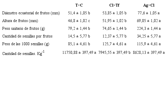 Biometr&iacute;a de frutos y semillas de tres h&iacute;bridos de portainjertos c&iacute;tricos: Cl&times;Tf: mandarino &lsquo;Cleopatra&rsquo; &times; trifolio, T&times;C: &lsquo;Citrange Troyer&rsquo; &times; mandarino com&uacute;n y Ag&times;Cl: naranjo agrio &times; mandarino &lsquo;Cleopatra&rsquo;. Letras diferentes en las filas indican diferencias estad&iacute;sticamente significativas (Tukey p&le; 0,05). Table 2. Biometry of fruits and seeds of three citrus rootstocks hybrids: Cl&times;Tf: mandarin &lsquo;Cleopatra&rsquo; &times; trifolio, T&times;C: &lsquo;Citrange Troyer&rsquo; &times; mandarin common and Ag&times;Cl: sour orange &times; mandarin &lsquo;Cleopatra&rsquo;. Different letters in the rows indicate statistically significant differences (Tukey p&le; 0.05).