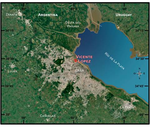 Área de estudio. Zárate, Luján, Cañuelas y La Plata conforman los límites del Área Metropolitana de Buenos Aires (AMBA), dentro de la que se encuentra el partido de Vicente López. CABA: Ciudad Autónoma de Buenos Aires (capital del país). Fig. 1. Study area. Zárate, Luján, Cañuelas and La Plata delimit the Metropolitan Area of Buenos Aires (known as AMBA, its acronym in Spanish), where Vicente López’s district is included. CABA: Ciudad Autónoma de Buenos Aires (capital city of the country).