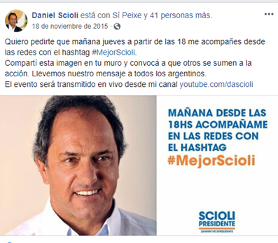 El uso de las herramientas de interacción en las publicaciones de Scioli. Fuente: Captura de pantalla de la cuenta oficial de Daniel Scioli en Facebook (18 de noviembre de 2015).