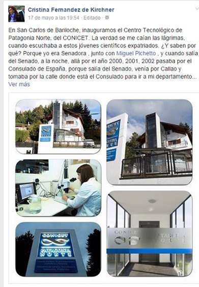 El uso de la etiqueta en las publicaciones de Fernández. Fuente: Captura de pantalla de la cuenta oficial de Cristina Fernández en Facebook (17 de mayo de 2015).