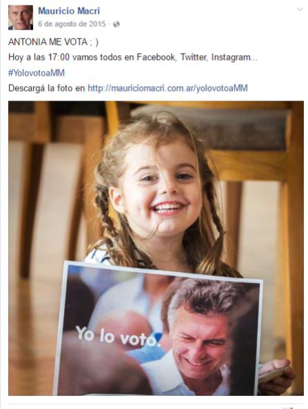 El uso del hashtag en las publicaciones de Macri. Fuente: Captura de pantalla de la cuenta oficial de Mauricio Macri en Facebook (6 de agosto de 2015).