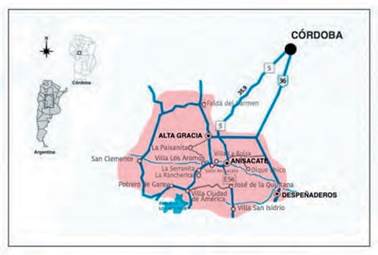 Mapa del Valle de Paravachasca (Secretaría de Turismo de Córdoba, s.f.) (modificado). Fuente: https://www.cordobaturismo.gov.ar/region/paravachasca/