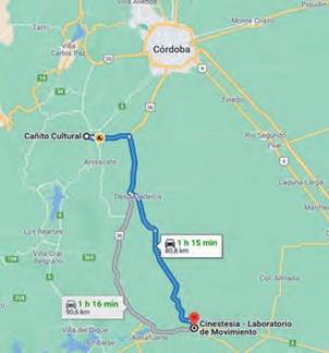 Recorrido desde el “Cañito” (Alta Gracia) a “Cinestesia” (Río Tercero). Fuente: Google Maps, 2021