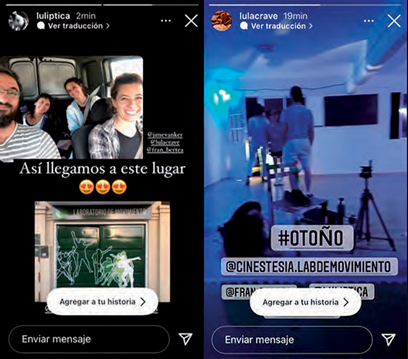 Publicaciones como “Historia” en Instagram de Lula (izquierda) y Lucía (derecha). (Rossetti, 2021; Cravero, 2021).