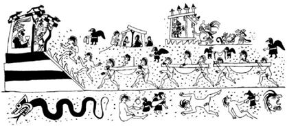 Captura y transporte de víctimas sacrificiales hasta la huaca (Sutter & Cortez, 2005, 533). Es notoria la presencia de aves negras antropomorfizadas, múltiples recintos y un reparto esquemático y secuencial de las escenas, así como de una arquitectura principal (izquierda de la imagen) y una gran serpiente que establece orientación. La desnudez de las figuras, así como la presencia de sogas en algunos casos, denota cautiverio.