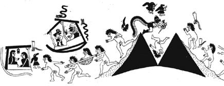 Marcha de cautivos a través de la montaña (Hocquenghem, 1987, figura 187). Las serpientes aparecen específicamente sobre el recinto en que es mostrada la copa de libaciones, presumiblemente para contener la sangre de las víctimas.