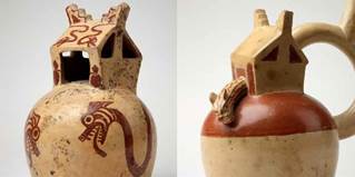 Botellas de asa estribo mochicas (Museo Larco, Lima, ML002903 y ML002901). Es notoria la presencia de serpientes sobre el cuerpo de ambas piezas.