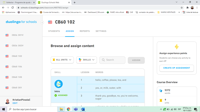 Screenshot of creation of study groups and assignments in
								Duolingo.