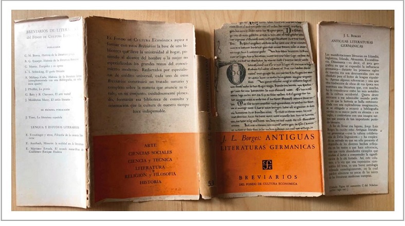 Sobrecubierta de Antiguas literaturas germánicas (1951), escrito por Jorge Luis Borges con la colaboración de Delia Ingenieros.