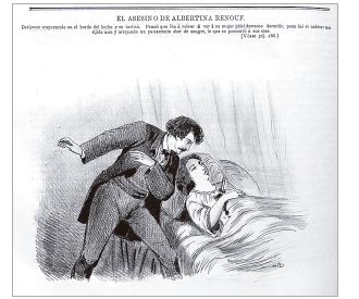Imagen 7. Ilustración de la novela de Riviére. Ampliación. Leyenda: “Detúvose tropezándose en el borde del lecho y se inclinó. Pensó que iba a volver a ver a su mujer plácidamente dormida; pero fue el cadáver más rígido aún y arrojando un penetrante olor de sangre, lo que se presentó a sus ojos”. 