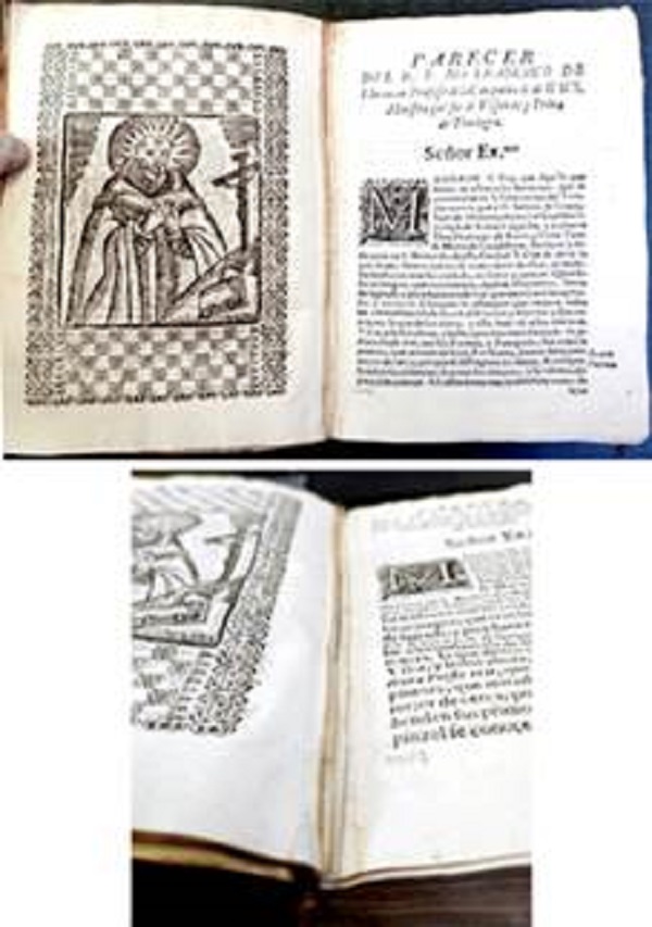 Ejemplar de la Biblioteca Nacional de Chile, con dos hojas cortadas entre el grabado de san Bernardo y el parecer de Francisco de Florencia.