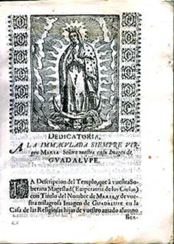 Grabado de la Virgen de Guadalupe en la edición de 1690. Encabeza la dedicatoria de Ramírez de Vargas a la Virgen, que da inicio al volumen.