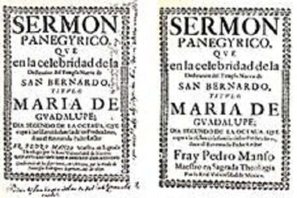 Izquierda: sermón de Pedro Manso publicado suelto en 1690. Derecha, el mismo sermón publicado en la edición de 1691a del Sagrado padrón. La composición tipográfica, el texto, la disposición y las orlas son idénticos, salvo a partir del nombre del predicador, que se reduce en la suelta para dar cabida al pie de imprenta.