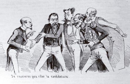 Detalle. De izquierda a derecha: Justo Benítez, Ignacio Vallarta, Genaro Raigosa (en representación de su tío Trinidad García de la Cadena), Ignacio Mejía y Manuel María de Zamacona.