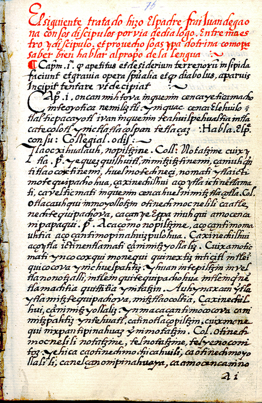 Tratado a manera de di&aacute;logo hecho por fray Juan de Gaona y sus disc&iacute;pulos. Ms. 1477 de la Biblioteca Nacional de M&eacute;xico, f. 75r.