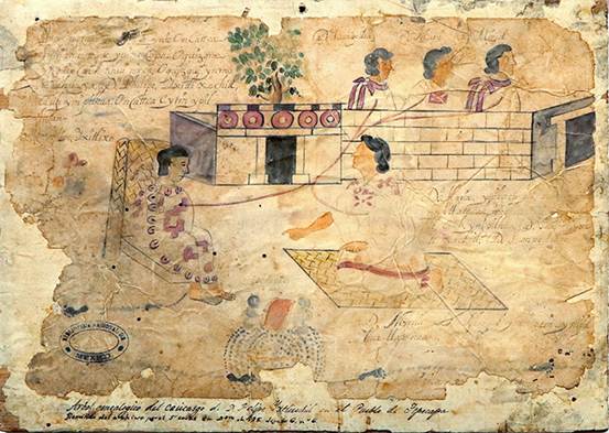 Detalle del &ldquo;�rbol geneal�gico de Felipe Ixtlisochil en el pueblo de Tepecapa &rdquo;, MS. 1809, Fondo Reservado de la Biblioteca Nacional de M�xico.